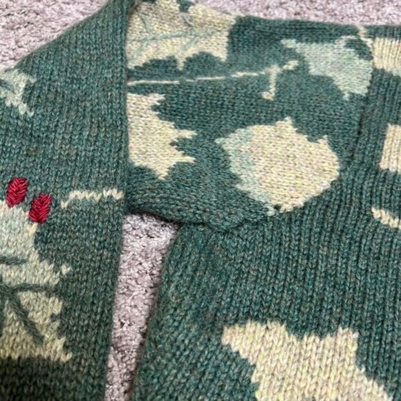 90s Vintage Susan Bristol Shetland Wool Cardigan Sweater Christmas Holly Size XL - Picture 5 of 11